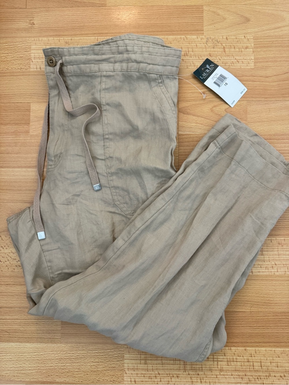 Lauren Ralph Lauren Women's Beige Drawstring Linen Pants Coastal Beachy - Picture 2 of 8